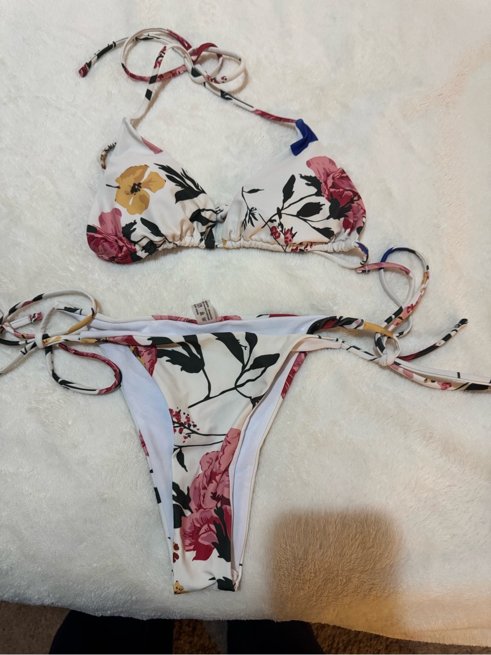 SHEIN White Floral Tie-Side Bikini with Pink & Yellow Blooms